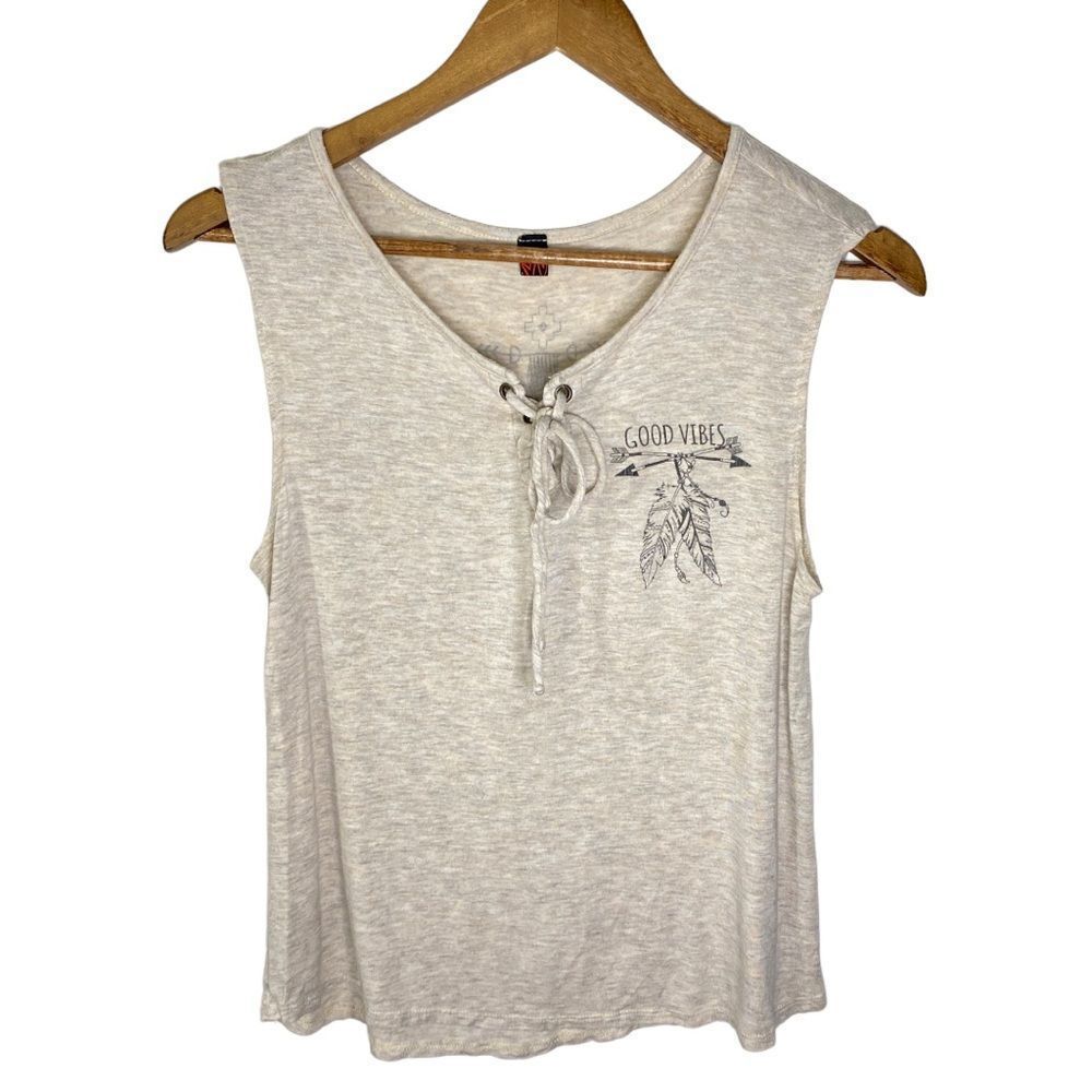 Boutique Boho Lace Up Tank Top Sleeveless Blouse Heathered Cream Tribal Print S